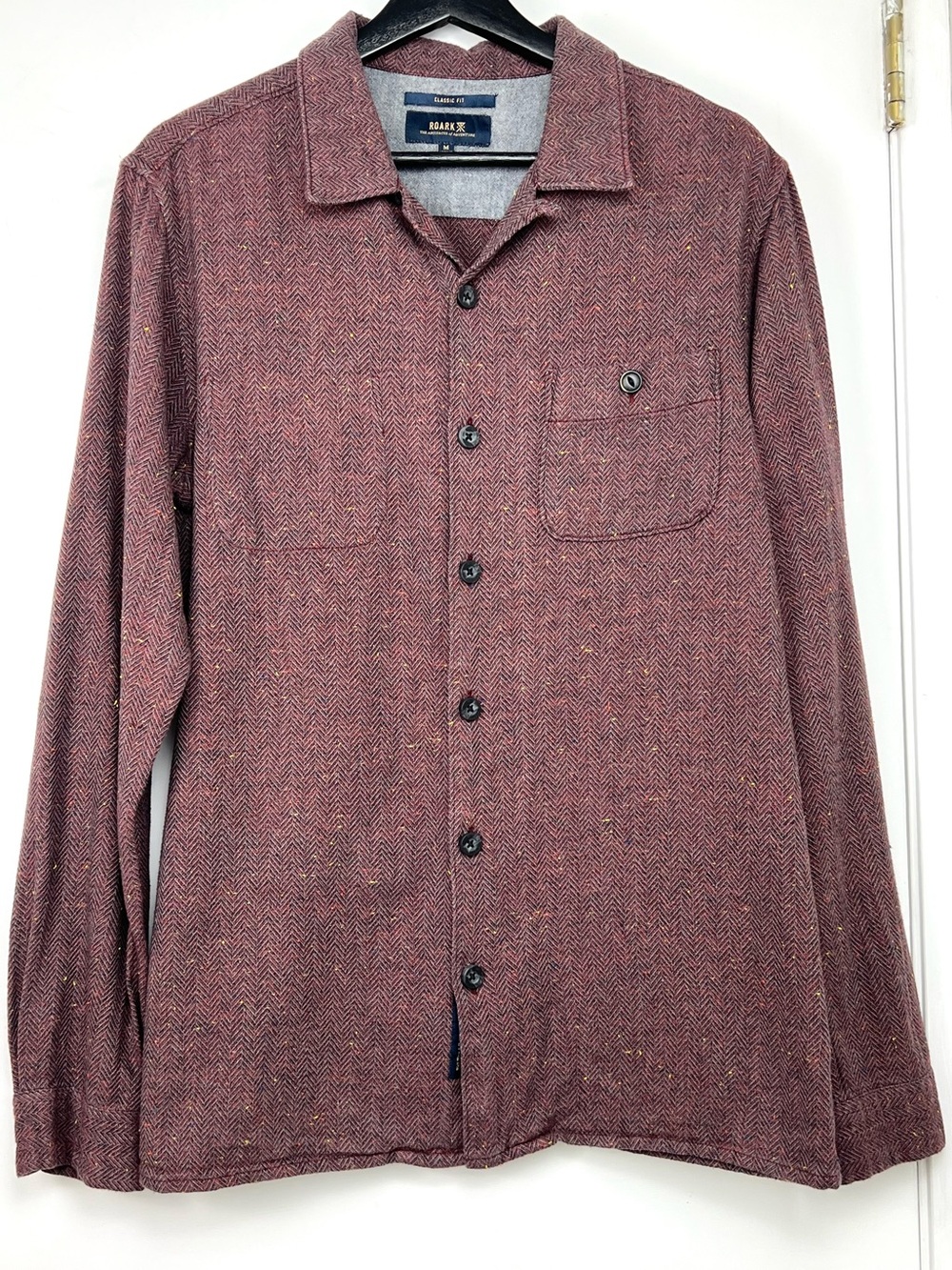 Roark Herringbone Casual Long Sleeve Shirt sz M Burgundy Tweed Cozy Outdoor